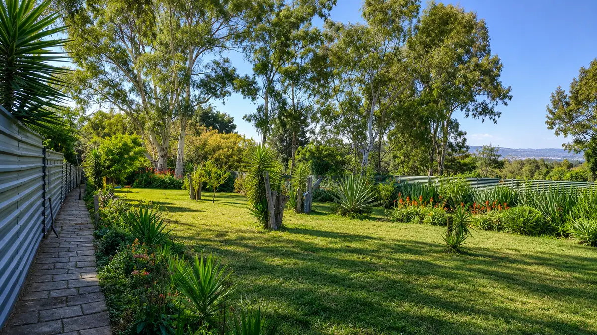 Landscaped estate garden — a paved path along the perimeter fence, mature gum trees, lawns and flowering aloes under a clear Highveld sky