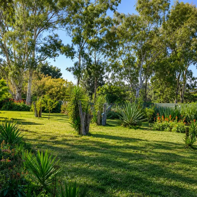 Landscaped estate garden — a paved path along the perimeter fence, mature gum trees, lawns and flowering aloes under a clear Highveld sky